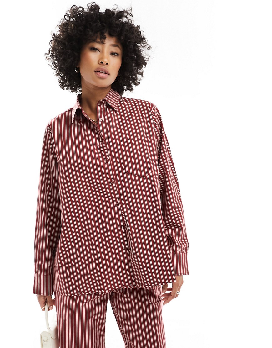 Motel stripe oversized shirt co-ord in maroon-Red