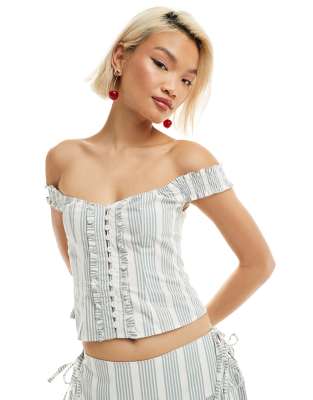 Motel Stripe Ruffle Corset Detail Top In Blue Gray