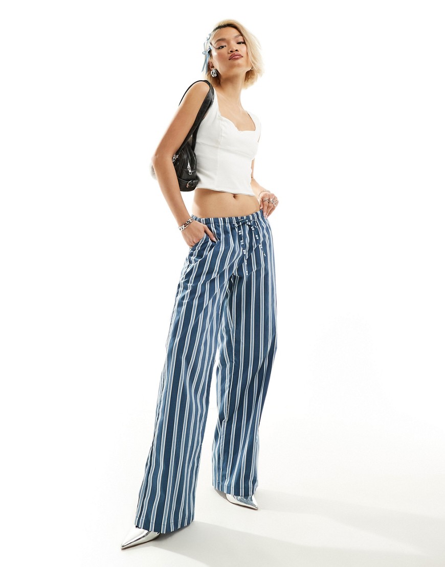 Motel stripe wide leg trousers in blue and white-Navy