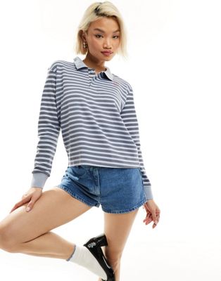 Motel striped cropped rugby top in blue and grey
