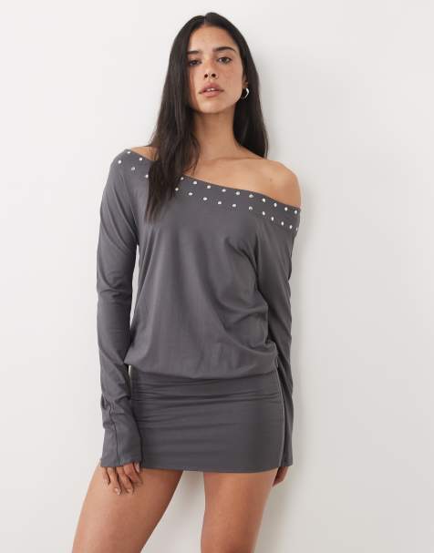 Motel studded off shoulder mini dress in grey - view 1