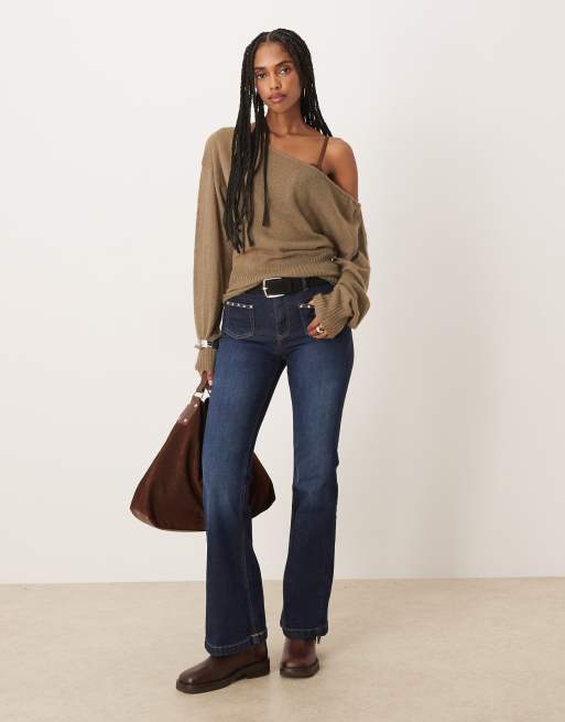 Motel Suena asymmetric knit jumper in khaki, 2 of 4