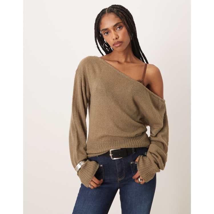 Motel Suena asymmetric knit sweater in khaki | ASOS