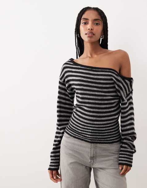 Motel Suena asymmetric stripe knit sweater in black - view 1