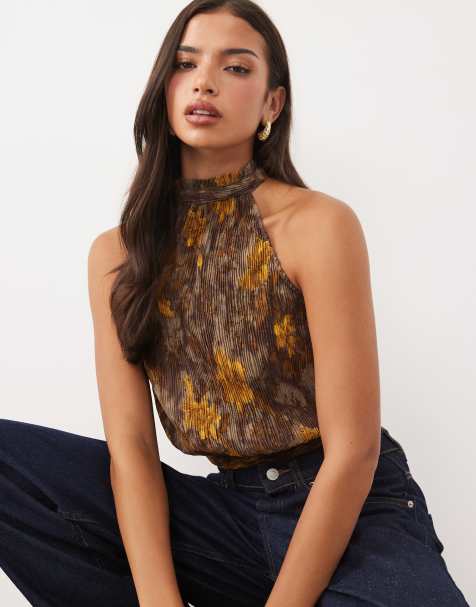 Motel sunari floral plisse top in khaki - view 1