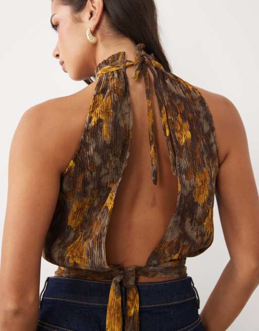Motel sunari floral plisse top in khaki, 3 of 4