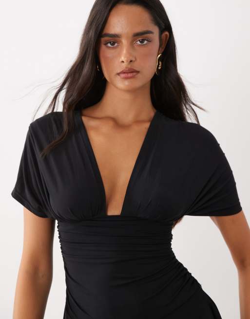 Motel sunmi gathered v-neck mini dress in black , 3 of 4