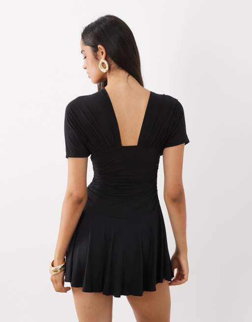 Motel sunmi gathered v-neck mini dress in black , 4 of 4