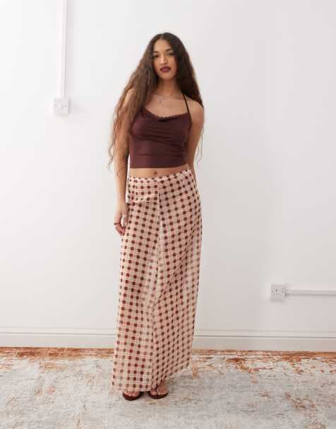 Motel surina sheer blurred check maxi skirt in peach