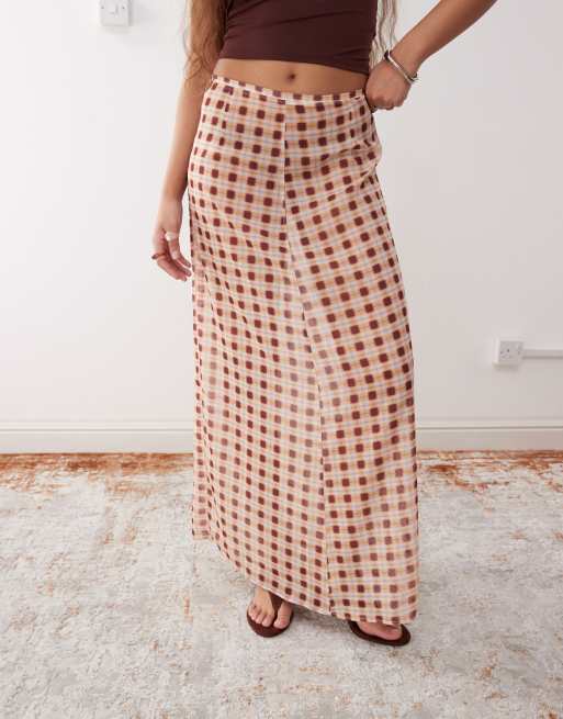Motel surina sheer blurred check maxi skirt in peach | ASOS