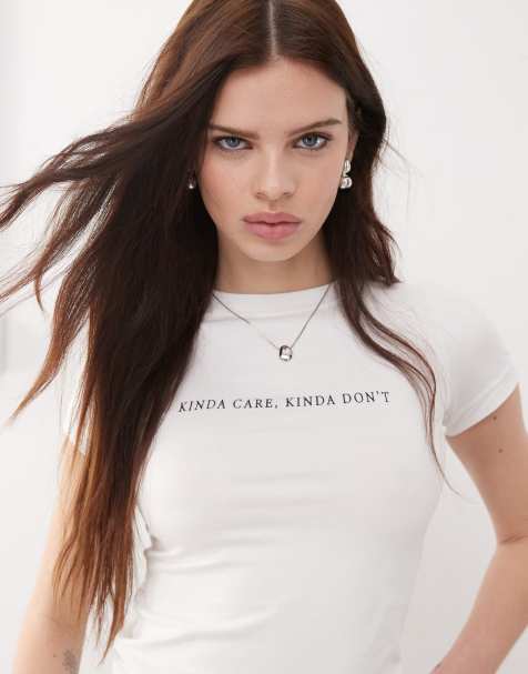 Motel Sutin baby tee with don't care graphic in white - view 1