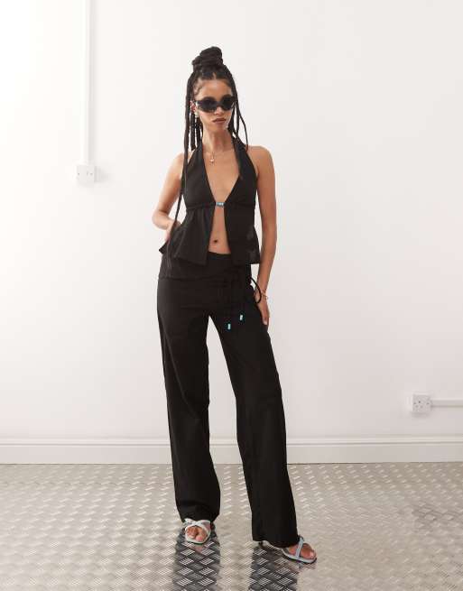 Motel syrma bead detail linen halter top in black, 2 of 4
