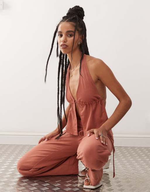 Motel syrma bead detail linen halter top in tuscan red, 2 of 4