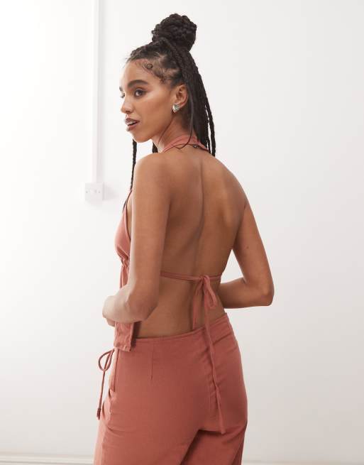 Motel syrma bead detail linen halter top in tuscan red, 4 of 4
