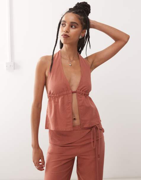 Motel Syrma bead detail linen look halter top in tuscan red - view 1
