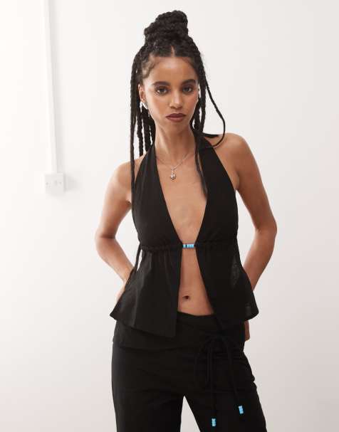 Motel - Syrma - Sort top med halterneck i hørmateriale med perledetaljer - view 1