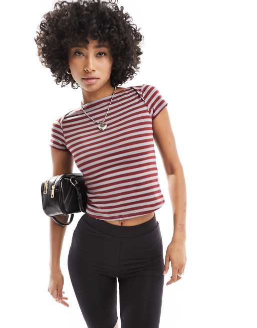 Motel - T-shirt corta a righe bordeaux e grigie