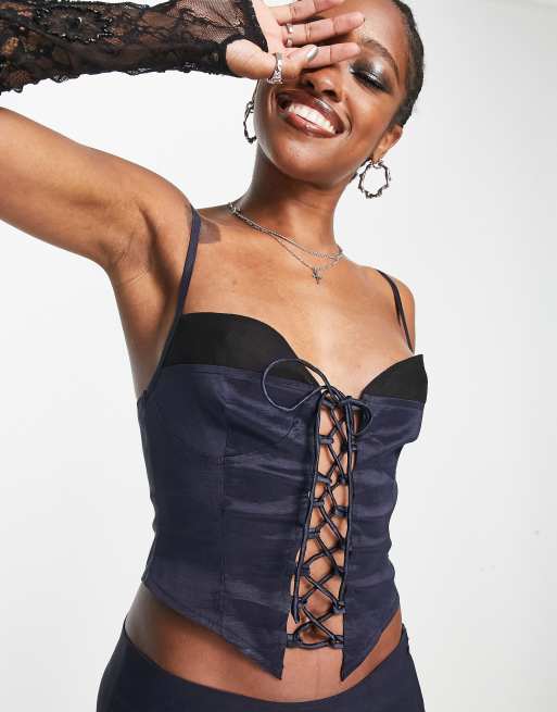 Motel taffeta tie front cami top in navy blue (part of a set)