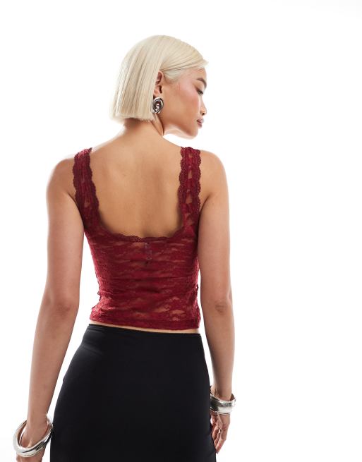 Motel tahoa scoop neck lace vest top in burgundy, 3 of 4