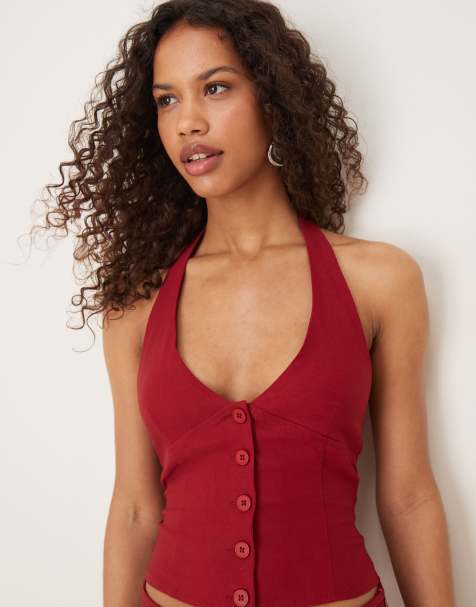 Motel tailored halter top co-ord in red - view 1