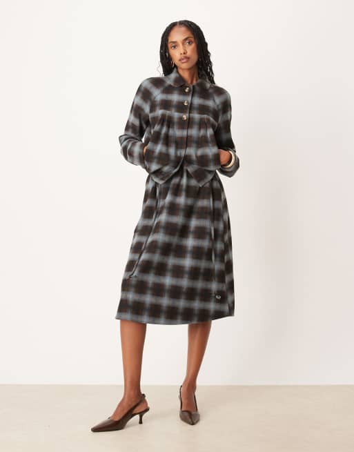 Motel Taka midaxi skirt in blue brown check (part of a set) 