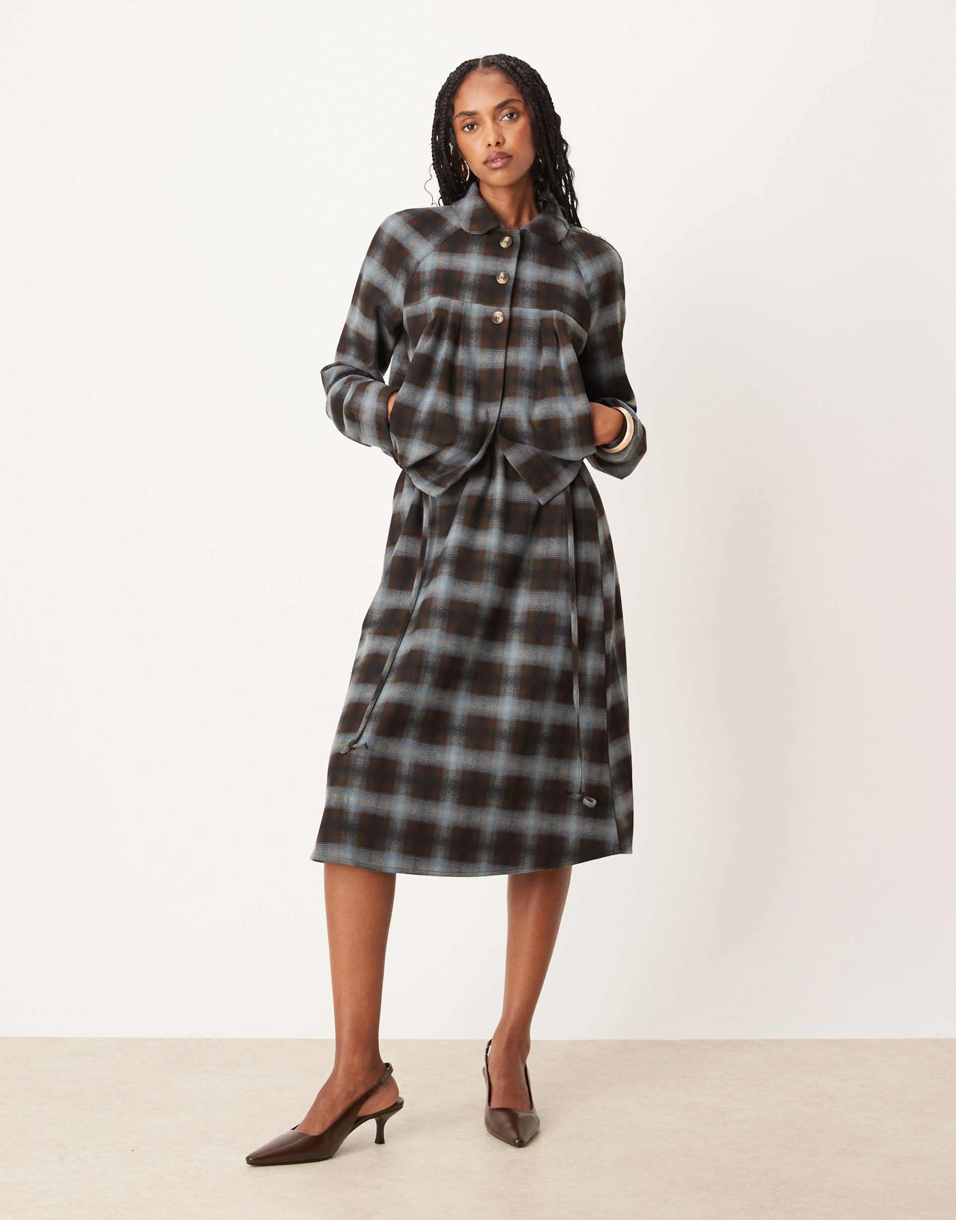 motel taka midaxi skirt in blue brown plaid - part of a set