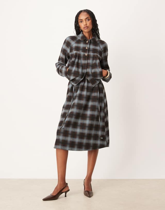 Motel Taka midaxi skirt in blue brown plaid - part of a set | ASOS