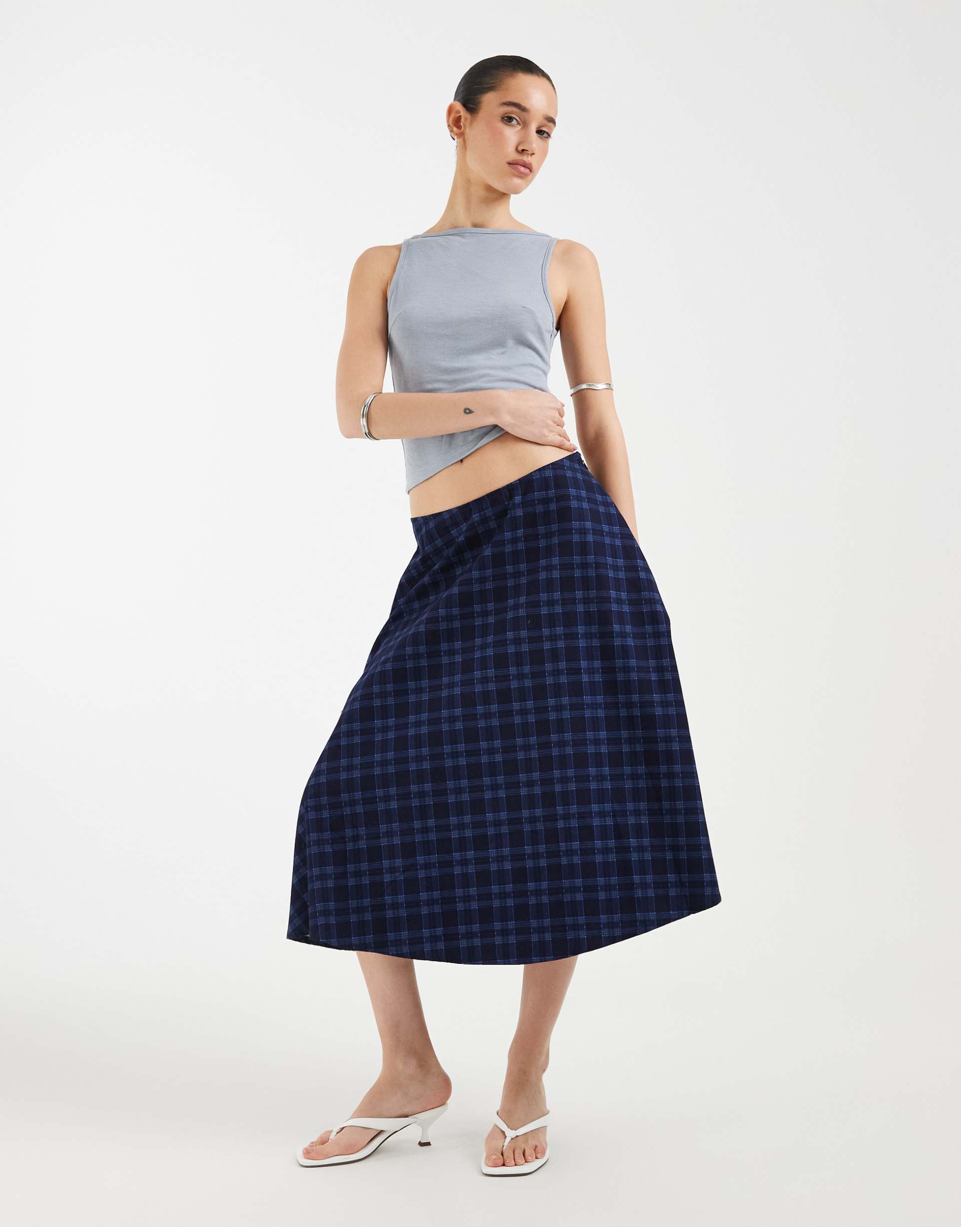 motel takara midaxi skirt in midnight plaid