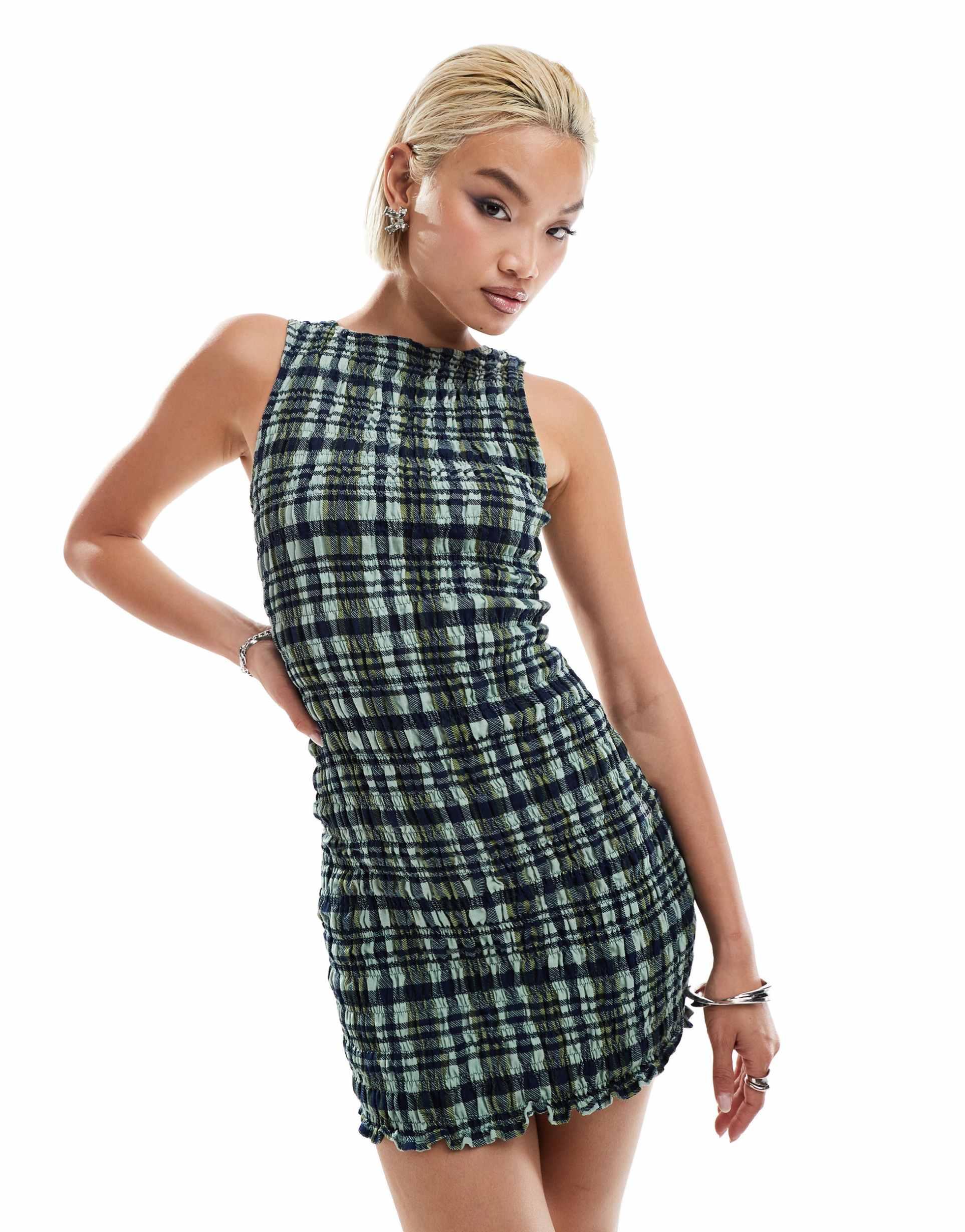 motel takayi check print shirred t-shirt mini dress in multi green