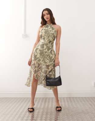motel tanta halter neck blurred floral print midaxi dress in yellow