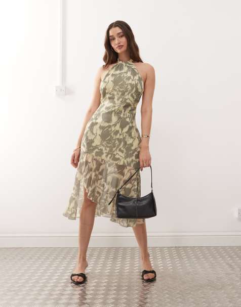 Motel tanta halter neck blurred floral print midaxi dress in yellow