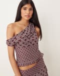 [Motel] Motel Tarya off shoulder polka dot mesh top in plum (part of a set)-Purple 2XS PURPLE