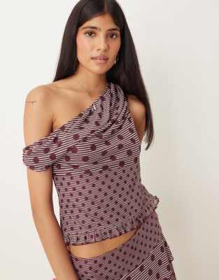 Motel Tarya Off The Shoulder Polka Dot Mesh Top In Purple