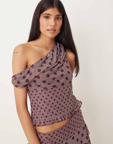 Motel Tarya off the shoulder polka dot mesh top in plum - part of a set - view 1