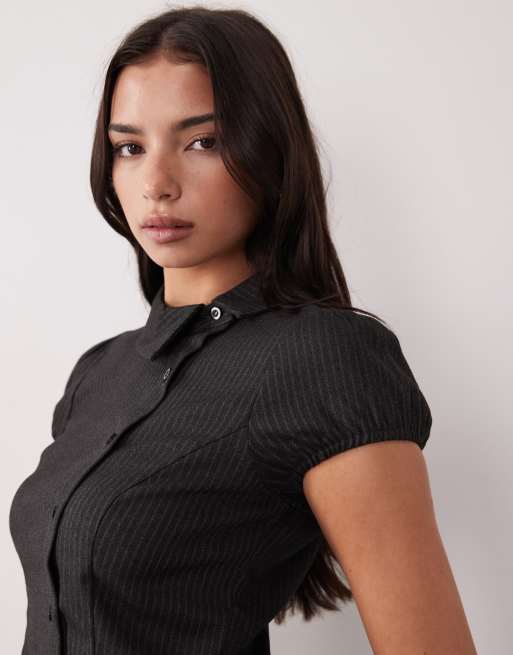 Motel Telese asymmetric collared shirt in black pinstripe, 2 of 4