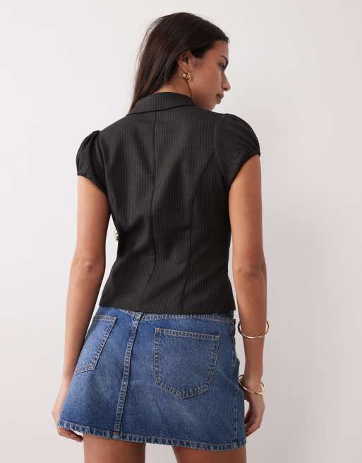 Motel Telese asymmetric collared shirt in black pinstripe, 4 of 4