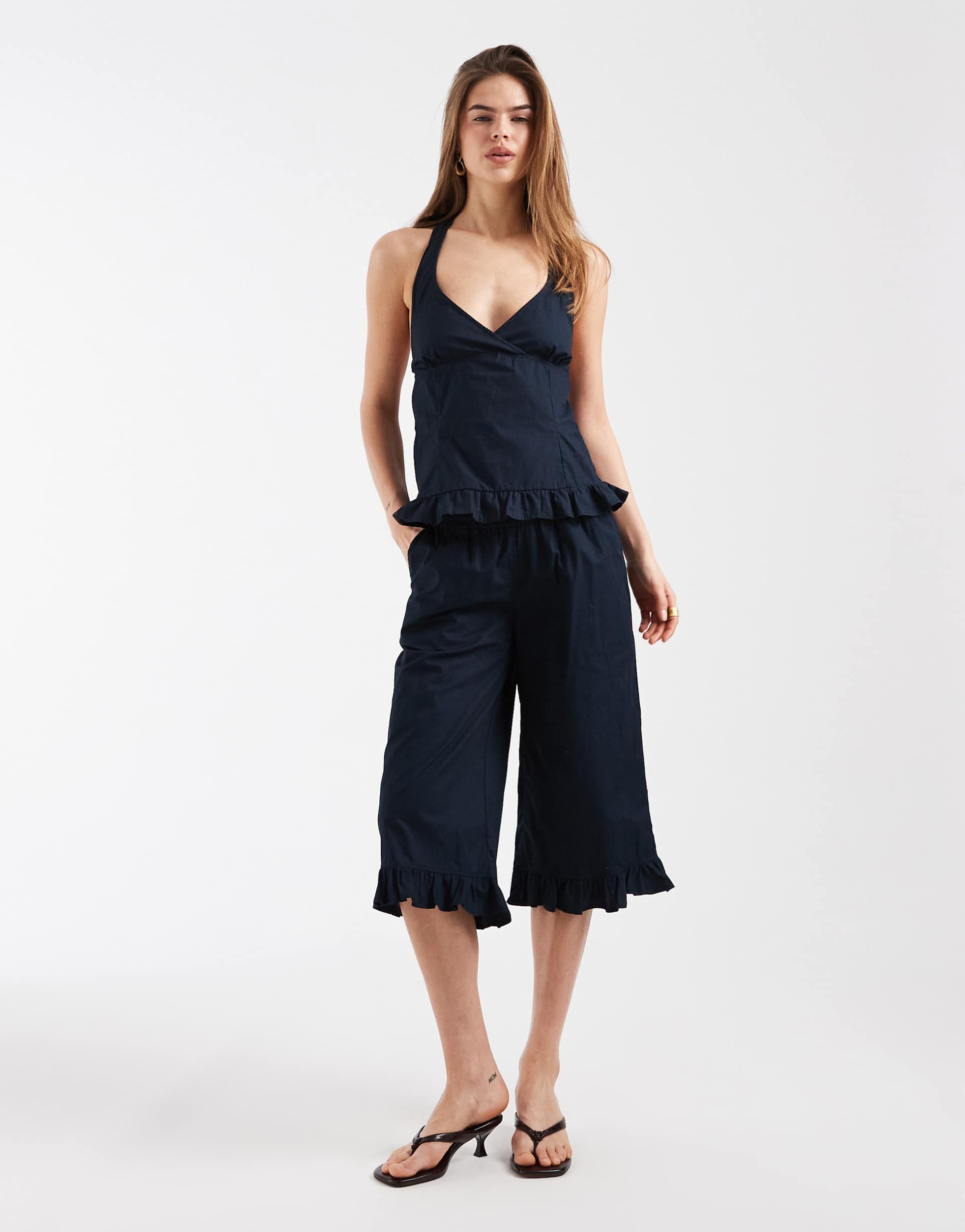 motel tenison ruffle edged capri pants in dark navy - part of a set