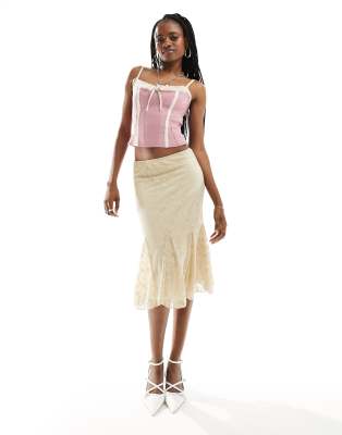 Motel Textured Lace Godet Knee Length Midi Skirt In Creamy Beige-neutral