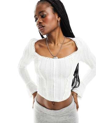 Motel Textured Scoop Neck Flared Sleeve Top In Ivory-white