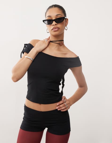 Motel thora tie side off-shoulder top in black - view 1