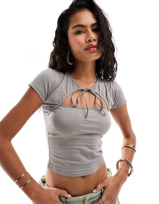 Motel tie-detail cap sleeve cropped t-shirt in light gray