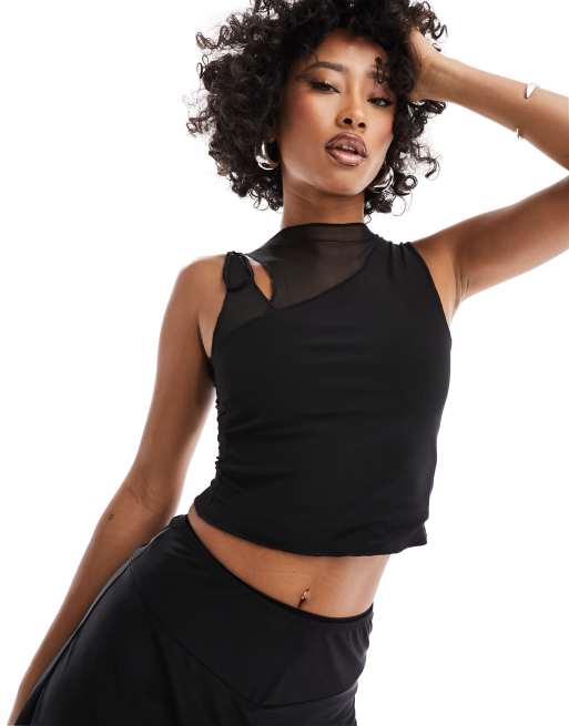 Motel tie shoulder mesh tank top in black