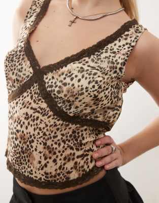 Shop Motel Timmy Lace Edge Leopard Cami Top In Neutral