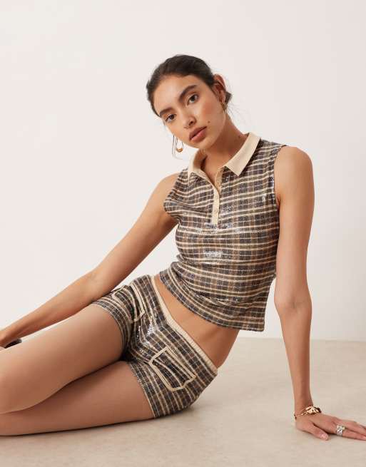 Motel tisuka polo top in vintage style sequin check co-ord