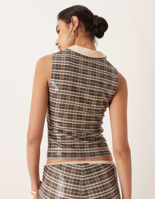 Motel tisuka polo top in vintage style sequin check co-ord, 4 of 4
