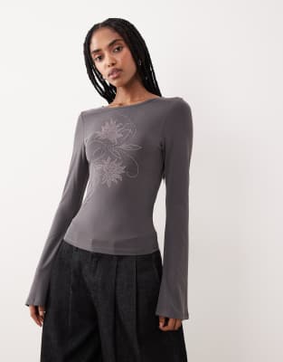 Motel Tiyana Flared Long Sleeve Flower Diamante Detail Top In Gray