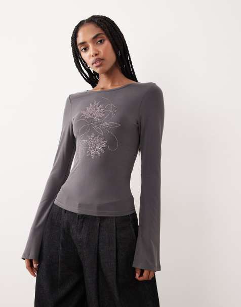 Motel Tiyana flared long sleeve flower diamante detail top in gray - view 1
