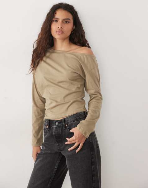 Motel top ampio a maniche lunghe con spalle scoperte in khaki - view 1
