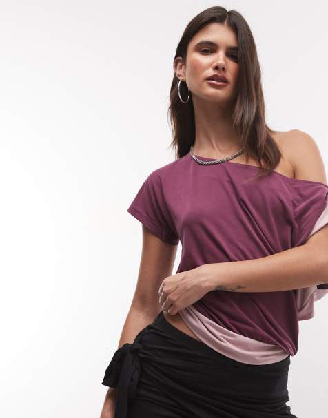 Motel - top color block con escote Bardot en morado oscuro y lila - view 1