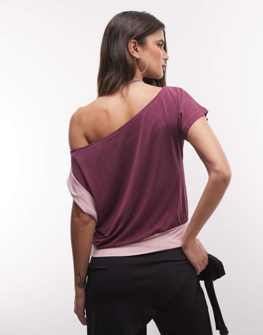 Motel - top color block con escote Bardot en morado oscuro y lila, 4 de 4